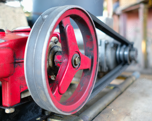 view of v-belts on 2 pulleys