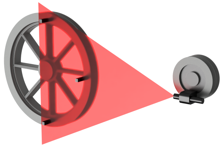 tool projecting a laser beam plane between two pulleys, front view