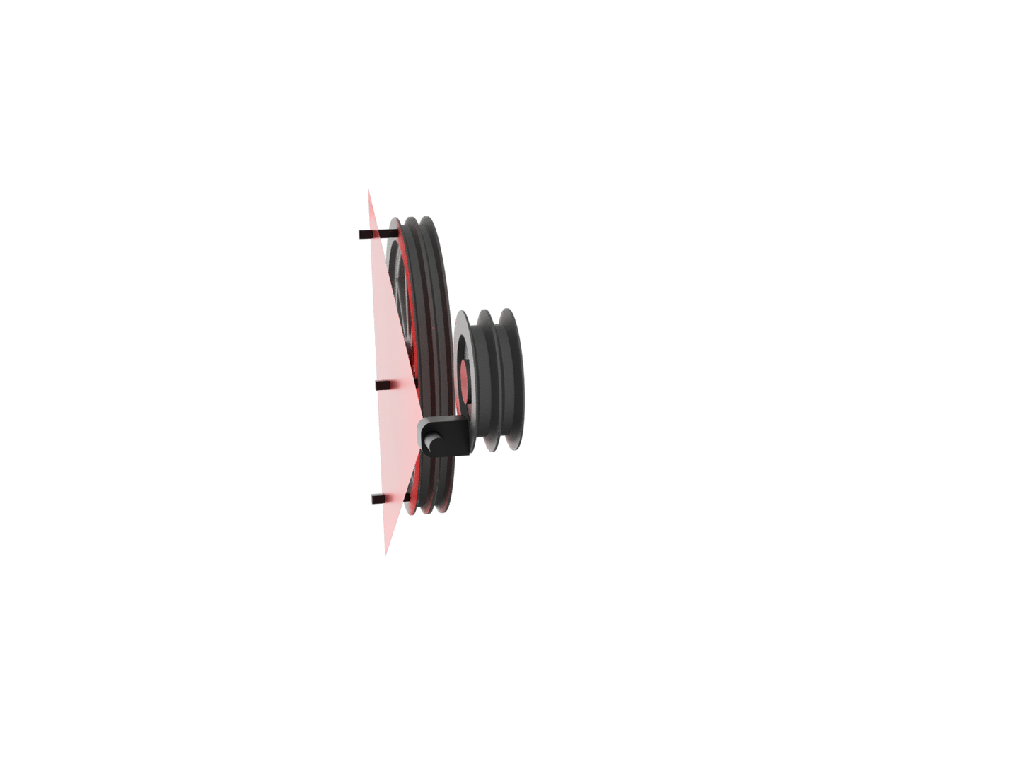 tool projecting a laser beam plane between two pulleys, side view
