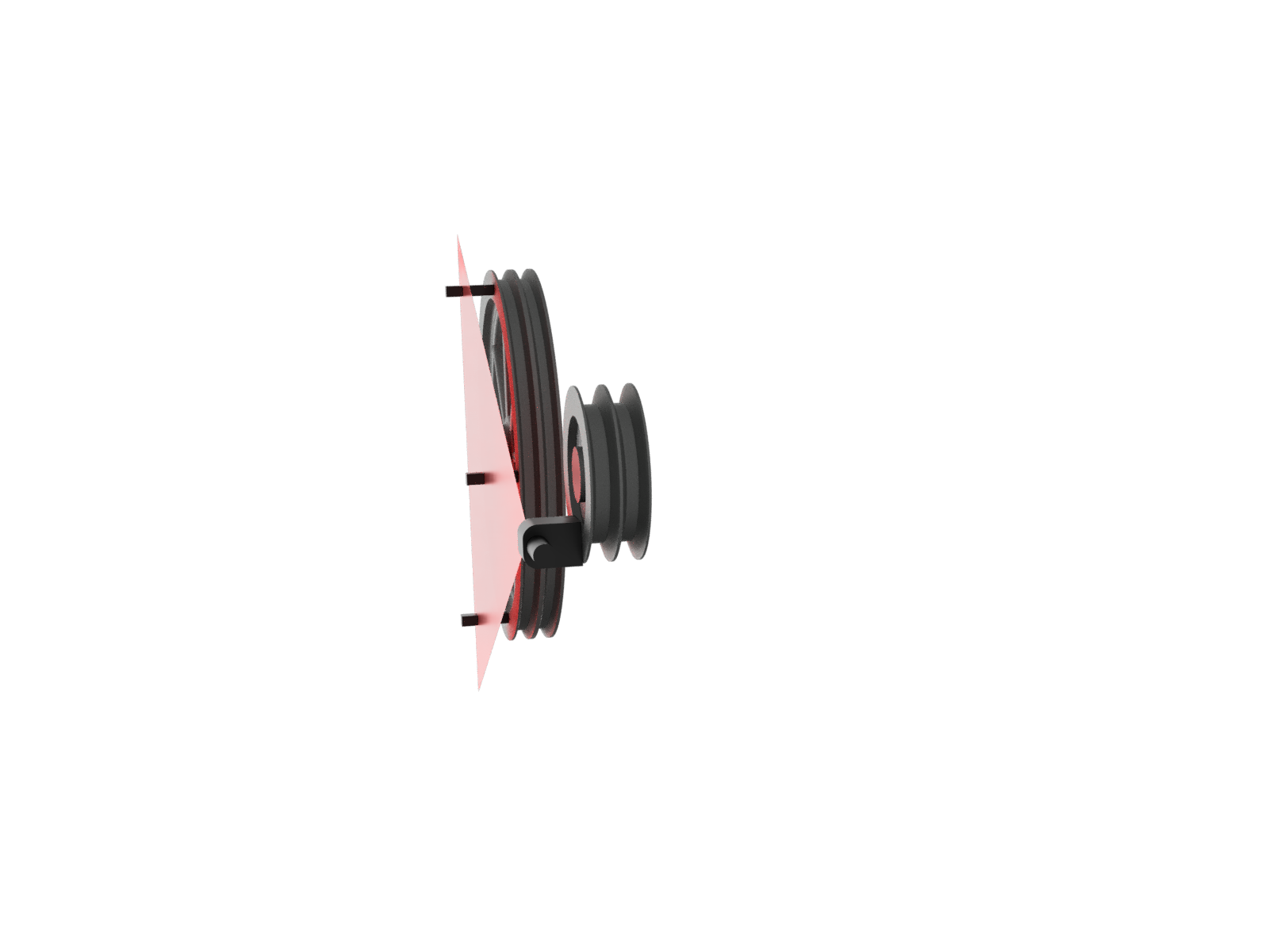 tool projecting a laser beam plane between two pulleys, side view